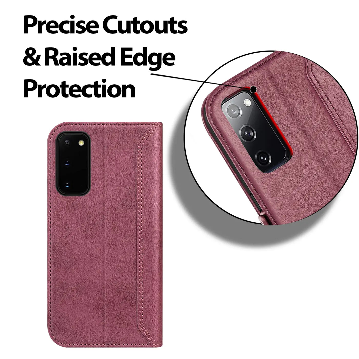 Bordeauxrote Klapphülle aus Leder für Samsung Galaxy S20, Vorder- und Nahansicht.