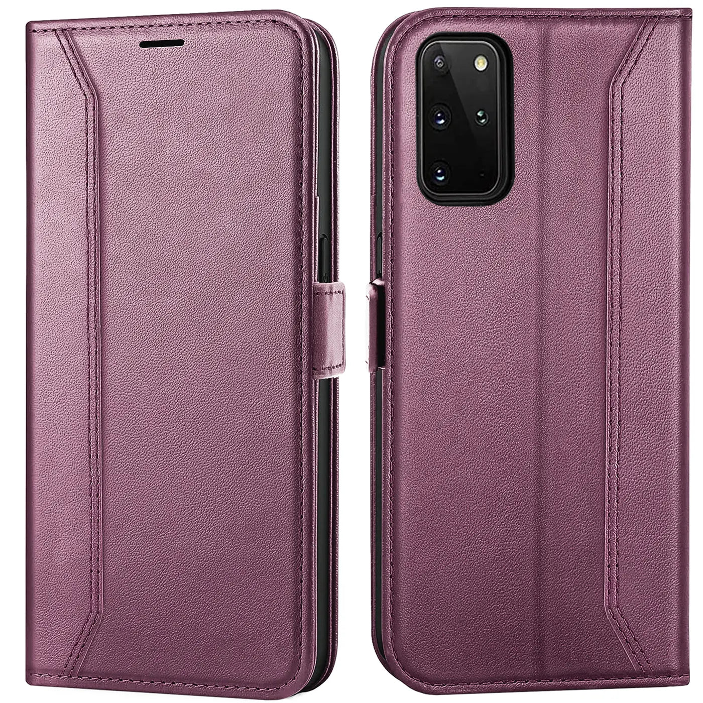 Lila Leder-Klapphülle, Vorder- und Rückansicht, für Samsung Galaxy S20 Plus