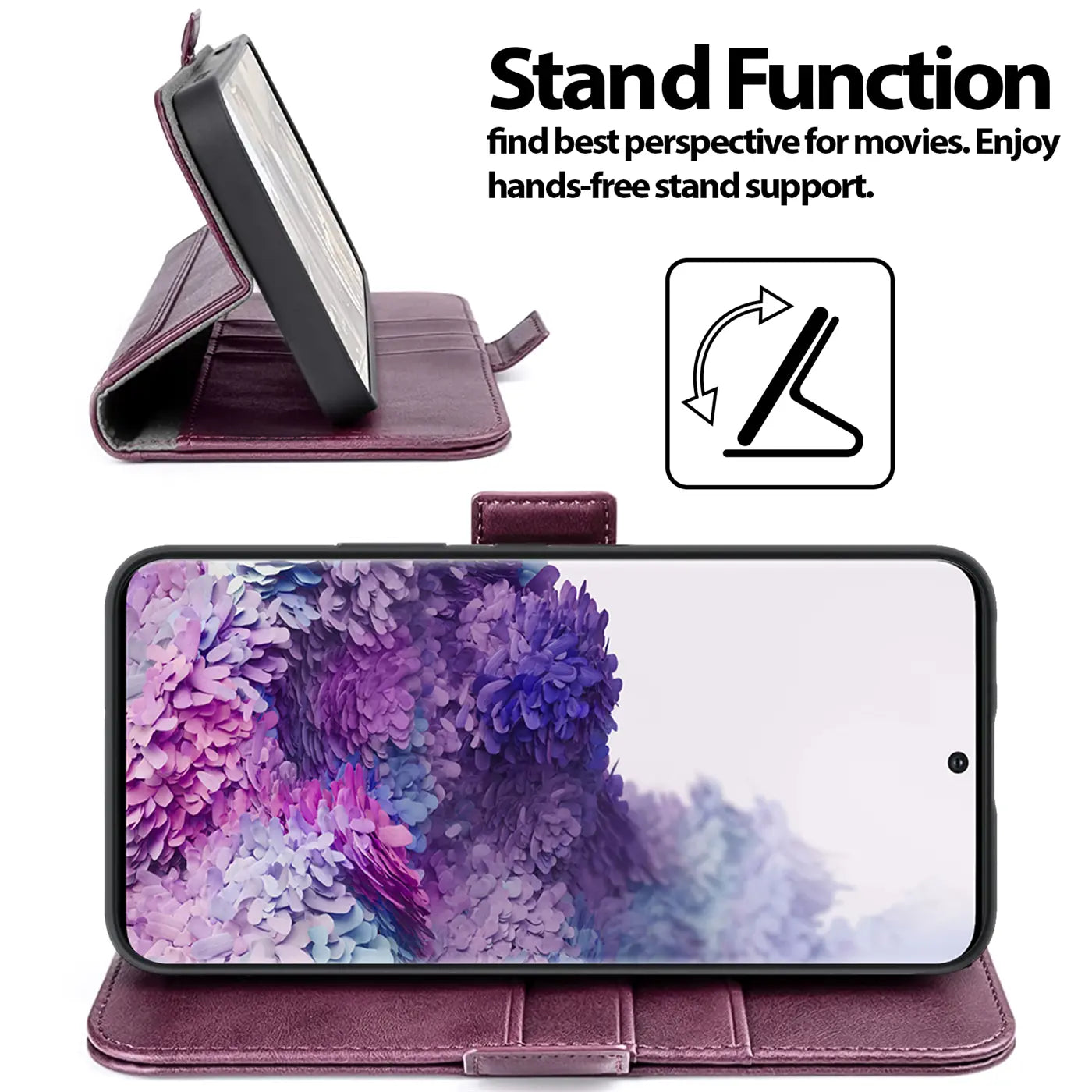 Dunkelrote Leder-Klapphülle mit integriertem Ständer für Samsung Galaxy S20 Plus.