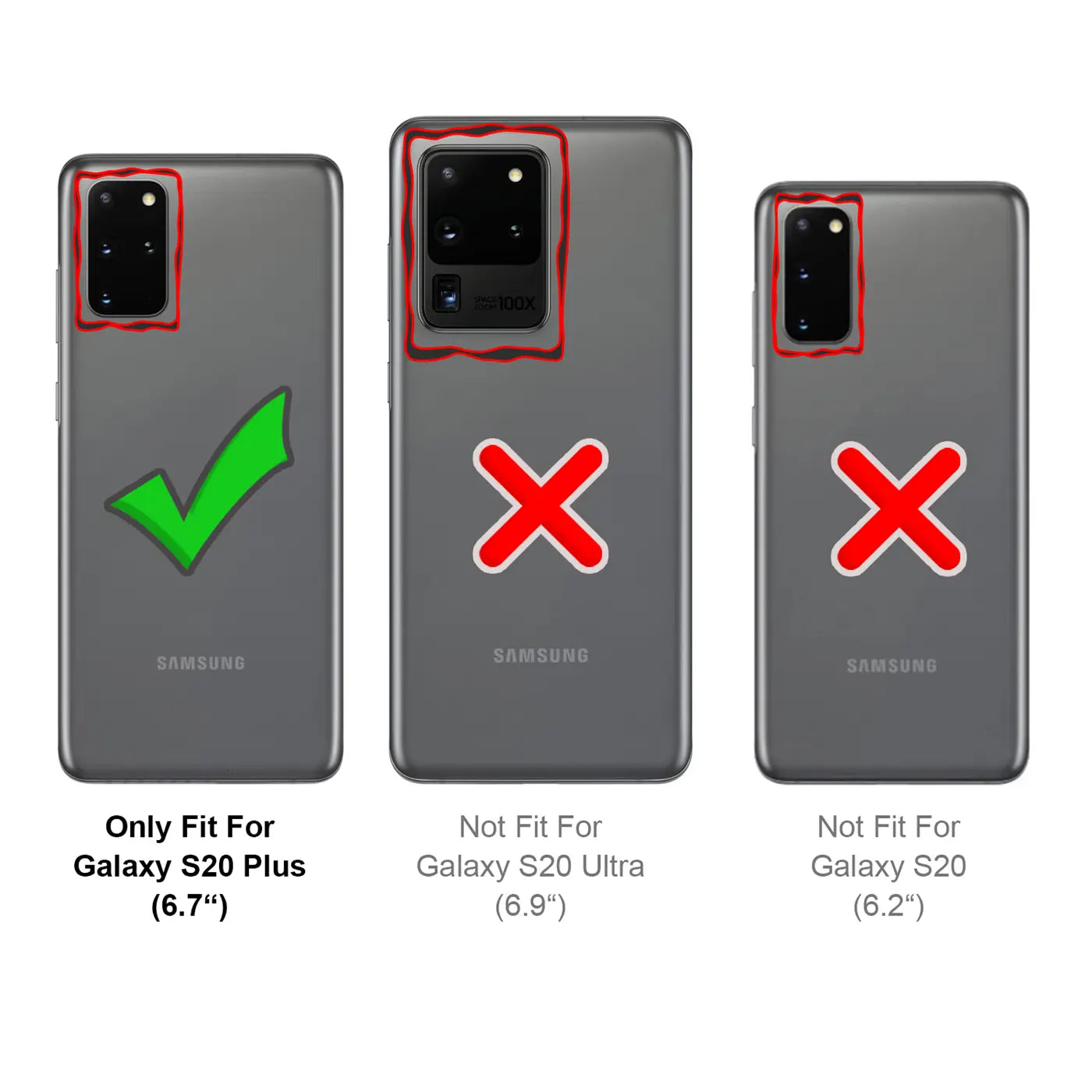 Drei Samsung-Smartphones, Rückansicht. Links mit Häkchen, Mitte/rechts mit Kreuz.