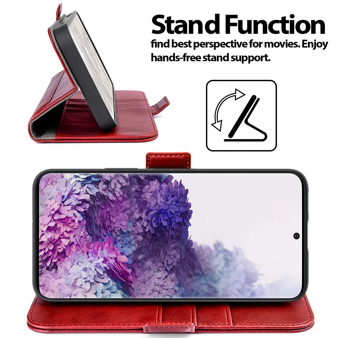 Rote Leder-Klapphülle mit integriertem Ständer für Samsung Galaxy S20 Plus.