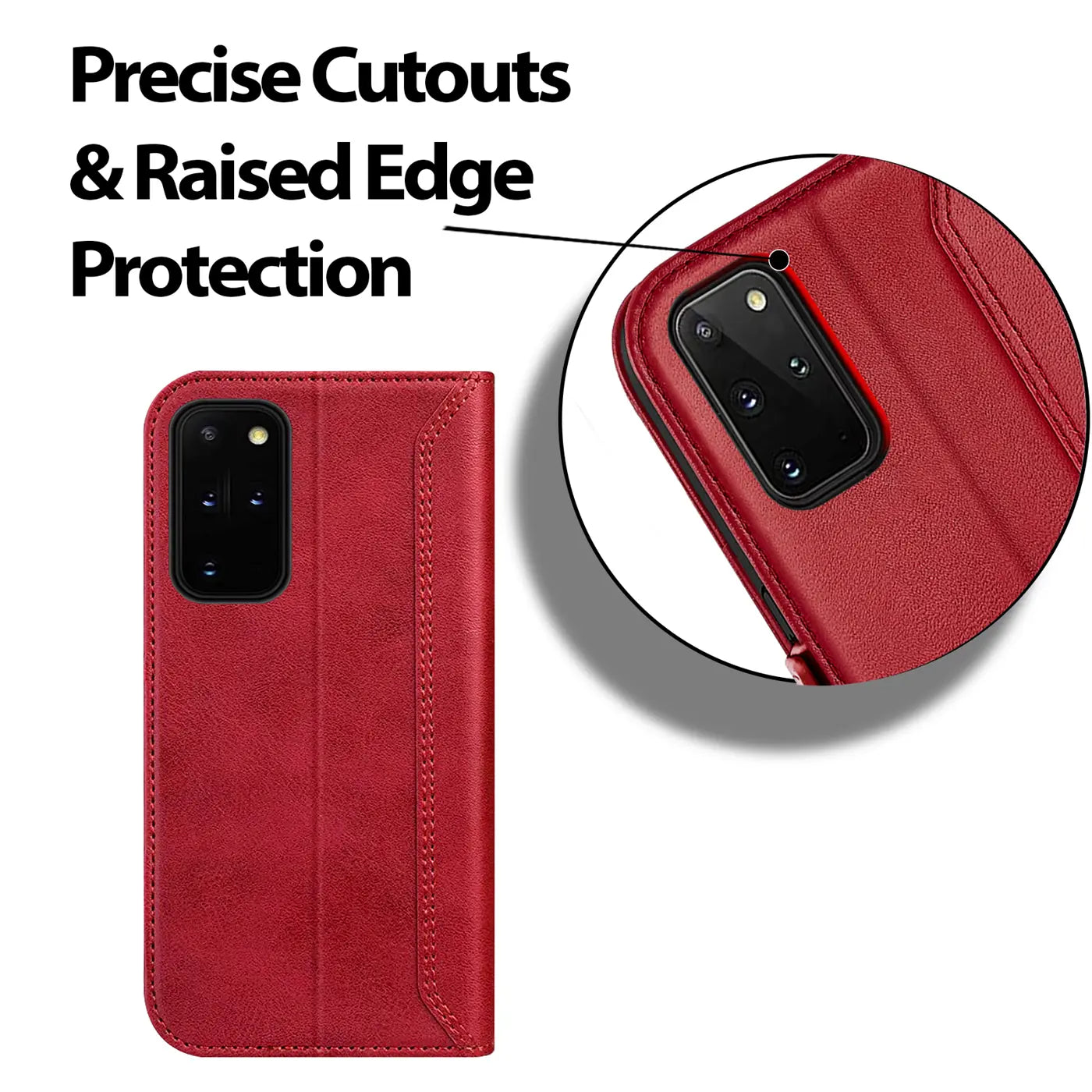 Rote Leder-Klapphülle mit Samsung Galaxy S20 Plus, Nahaufnahme der Kamera.