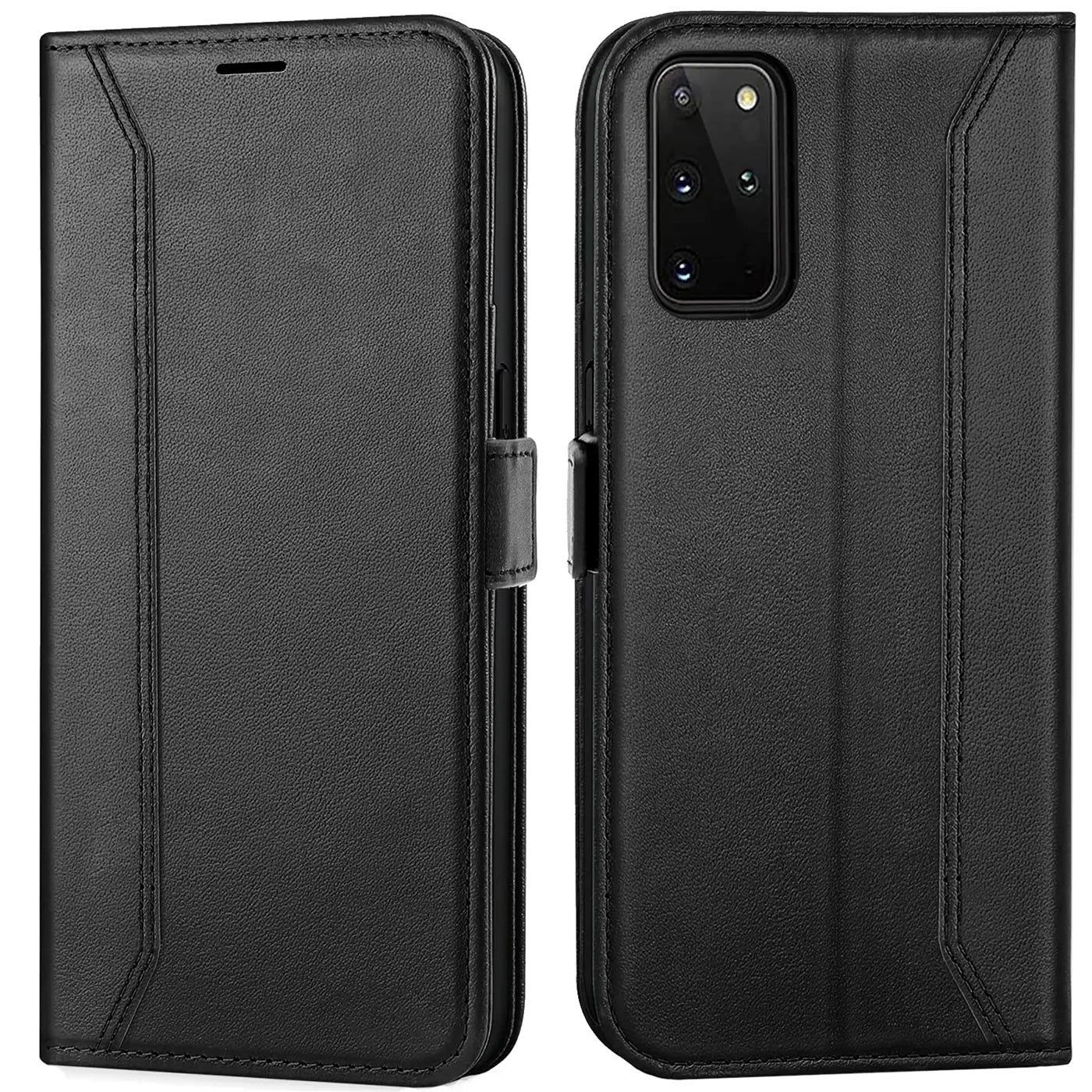 Schwarze Leder-Klapphülle mit RFID-Schutz für Samsung Galaxy S20 Plus, Vorder- und Rückansicht.