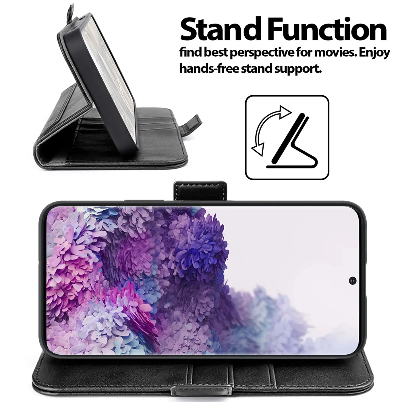 Schwarze Leder-Klapphülle mit Ständerfunktion für Samsung Galaxy S20 Plus, Seitenansicht und Frontansicht.