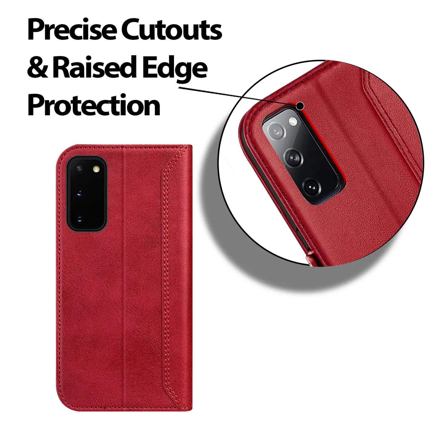 Rote Leder-Klapphülle für Samsung Galaxy S20, Vorderansicht mit Detailaufnahme der Kamera.