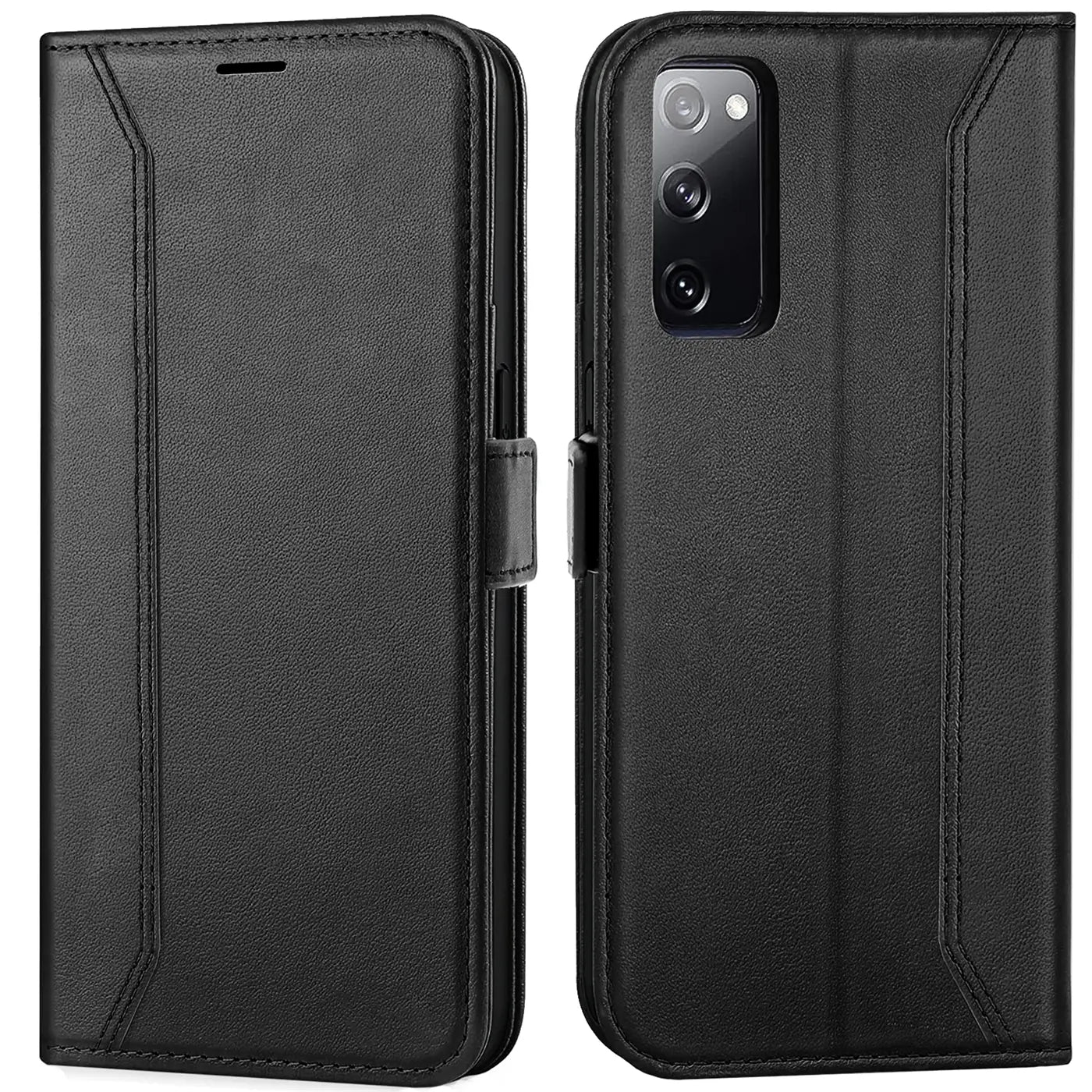 Schwarze Leder-Klapphülle für Samsung Galaxy S20, Vorder- und Rückansicht