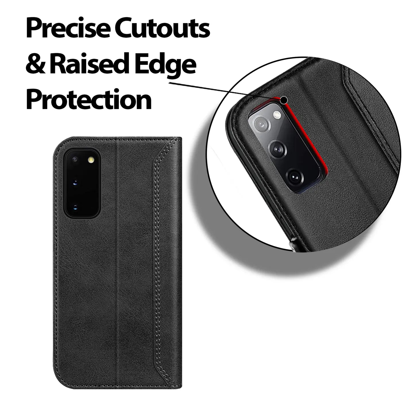 Schwarze Leder-Klapphülle mit Nahaufnahme des Samsung Galaxy S20 Kameras.