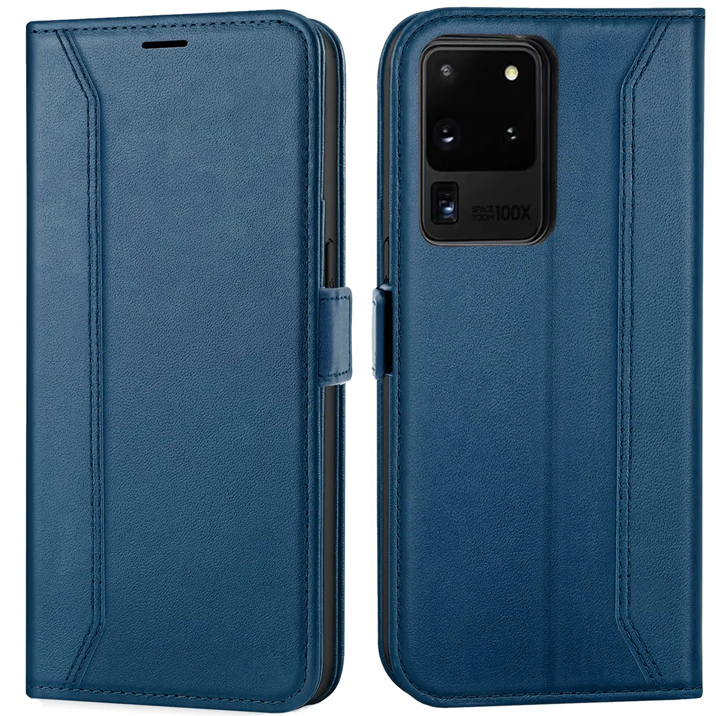 Blaue Leder-Klapphülle mit RFID-Schutz, zeigt Samsung S20 Ultra von vorne und hinten.
