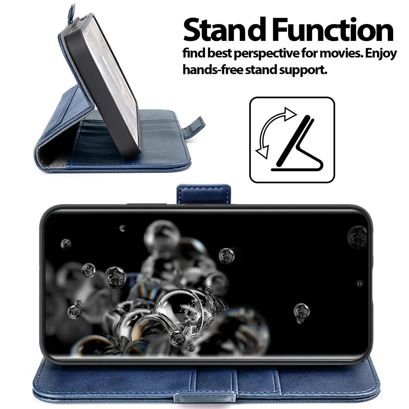 Blaue Kunstleder-Klapphülle für Samsung Galaxy S20 Ultra, im Querformat, mit Ständerfunktion.