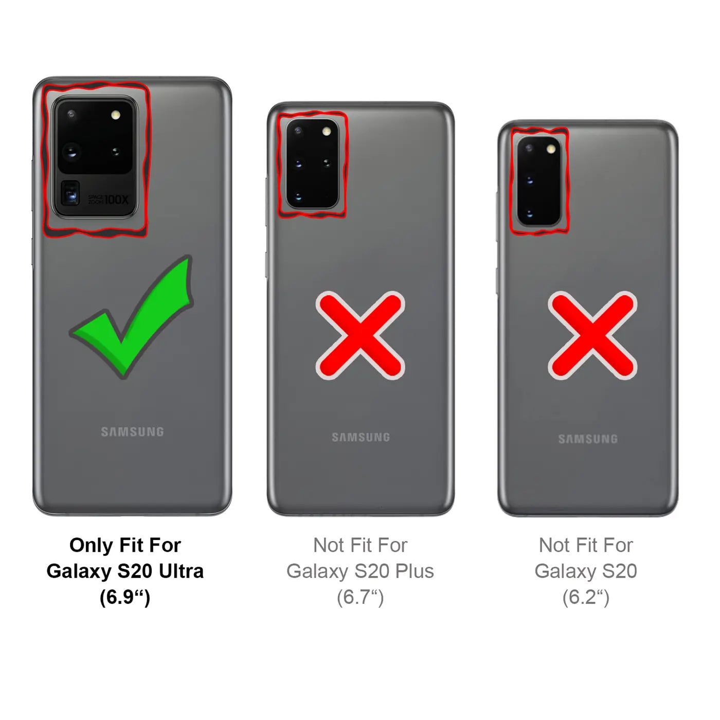 Drei Samsung-Smartphones, Rückansicht. Links: S20 Ultra mit Häkchen. Mitte/Rechts: S20 Plus/S20 mit Kreuz.