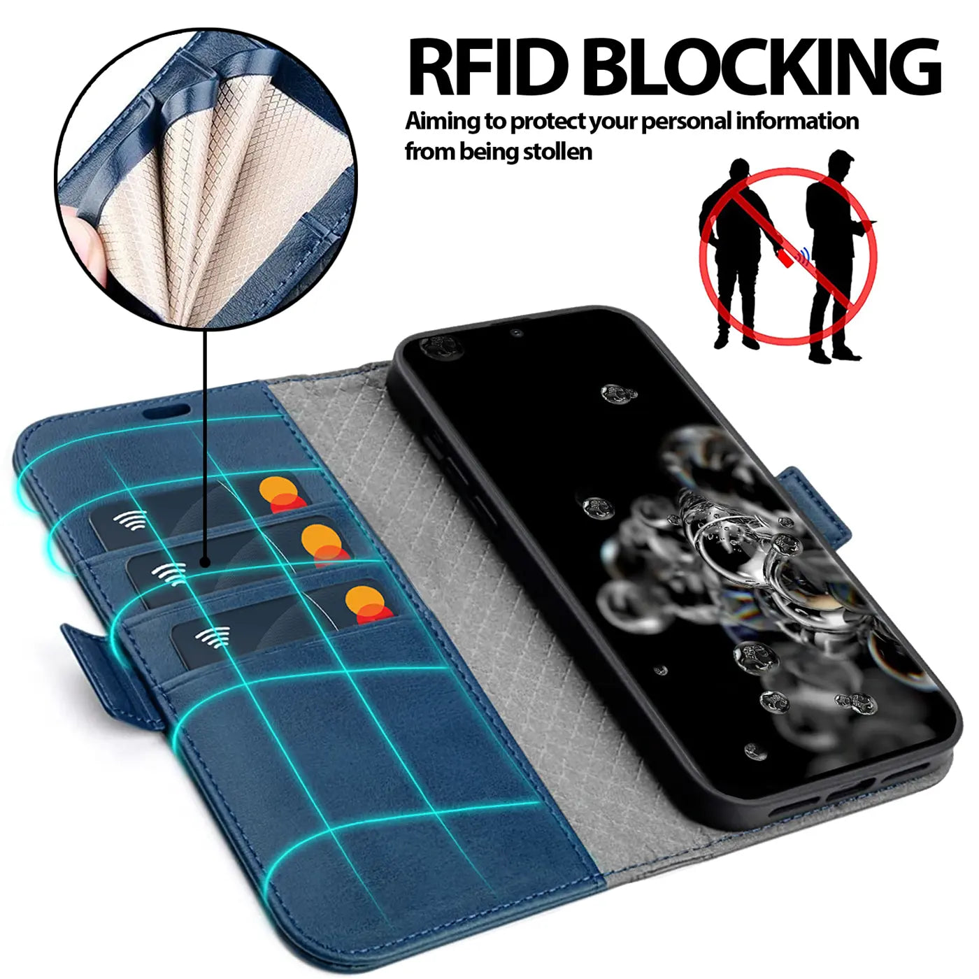 Blaue Leder-Klapphülle mit Kartenfächern für Samsung S20 Ultra, von oben.