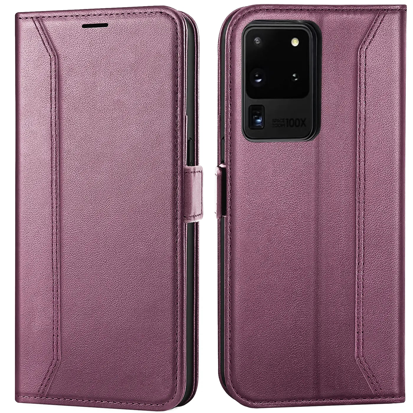 Lila Kunstleder-Klapphülle mit RFID-Schutz für Samsung Galaxy S20 Ultra, Vorder- und Rückansicht.