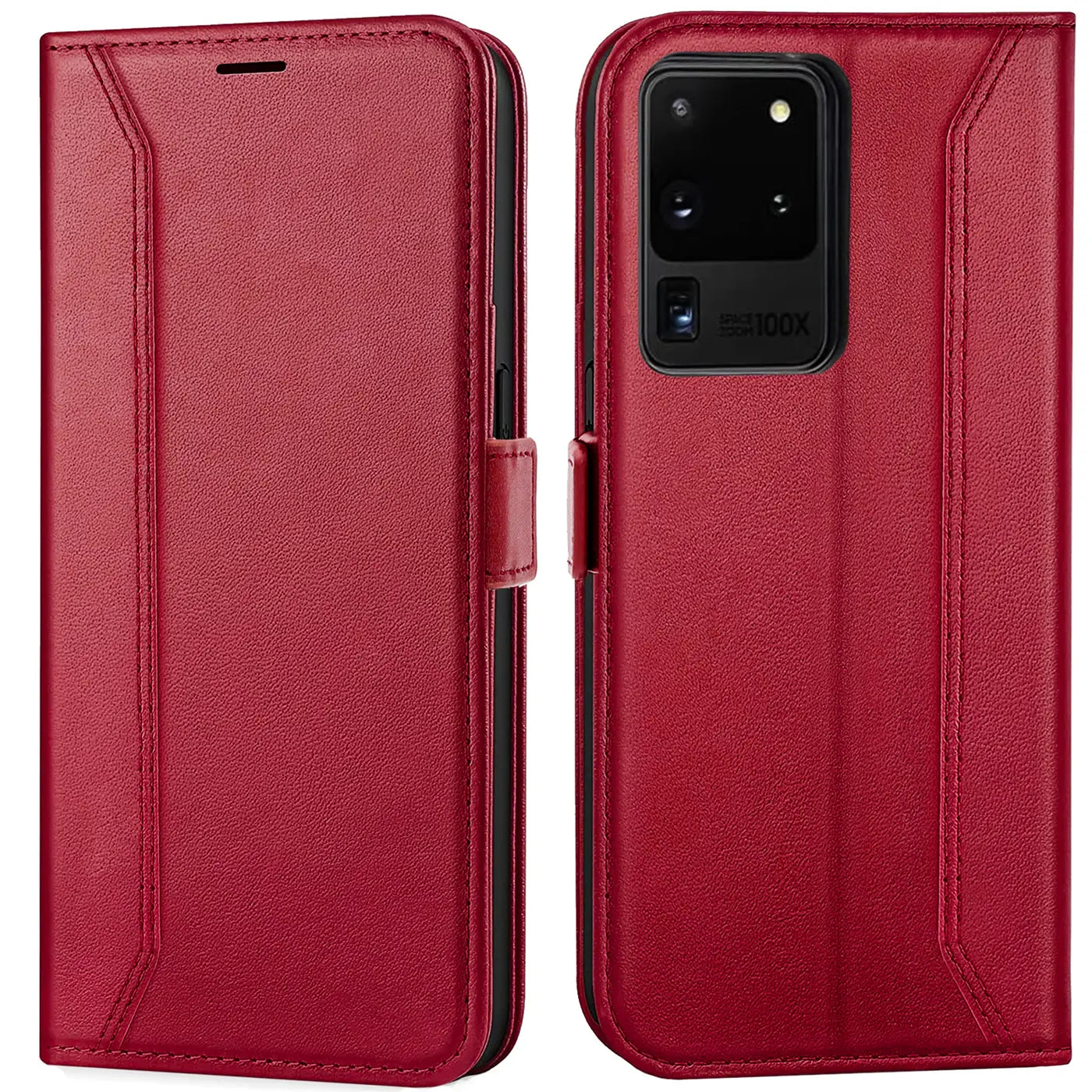 Rote Leder-Klapphülle mit RFID-Schutz für Samsung Galaxy S20 Ultra, Vorder- und Rückansicht