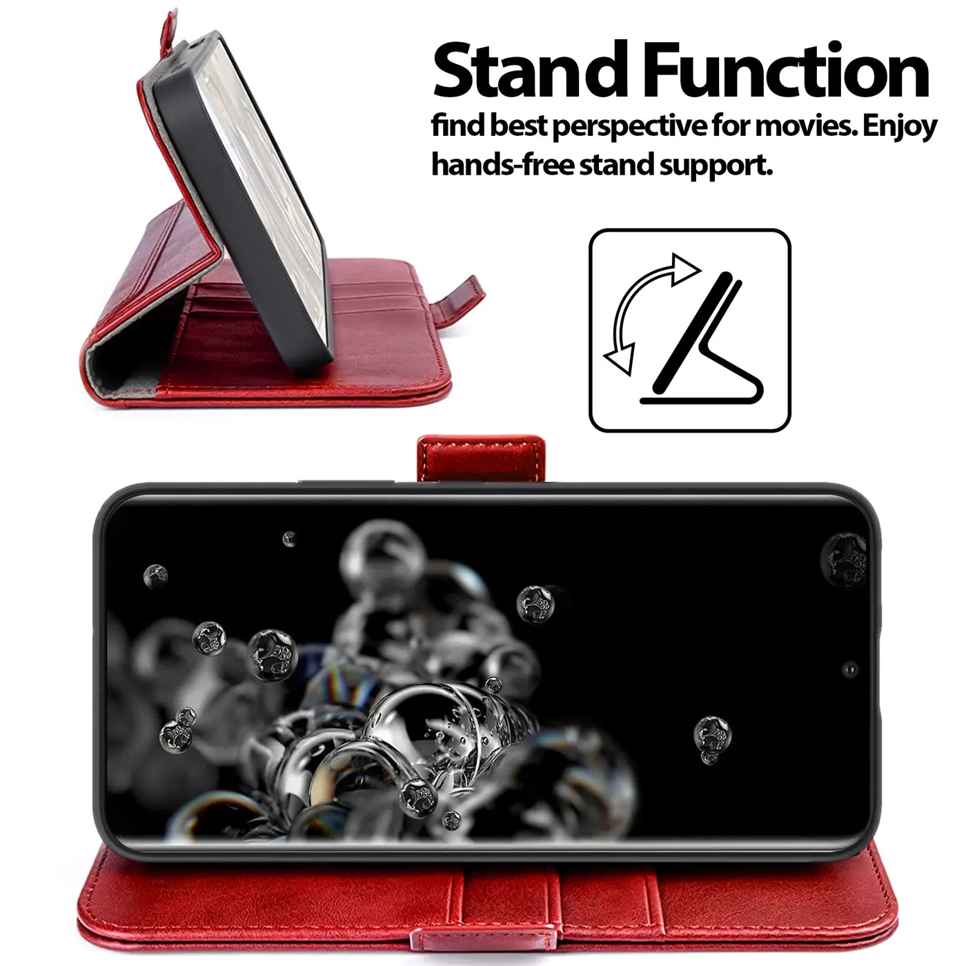 Rote Leder-Klapphülle, seitliche Ansicht, zeigt Samsung S20 Ultra im Aufstellmodus.
