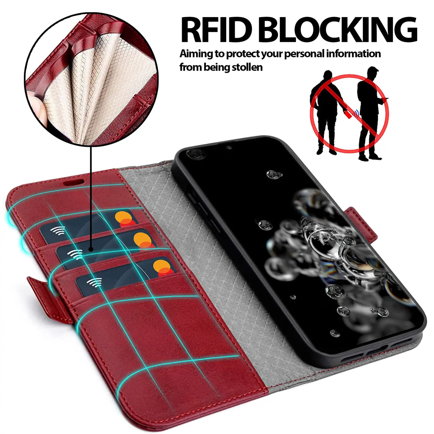 Rote Leder-Klapphülle mit Kartenfächern, Samsung S20 Ultra, von oben schräg
