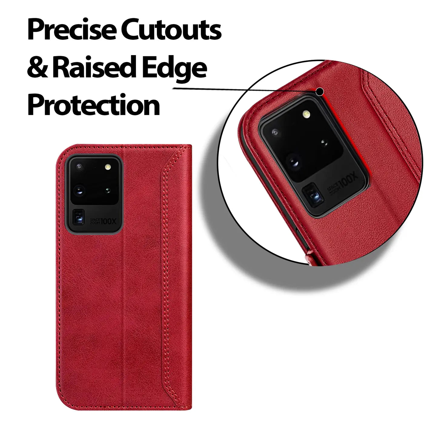 Rote Leder-Klapphülle für Samsung Galaxy S20 Ultra, Nahaufnahme der Kamera.