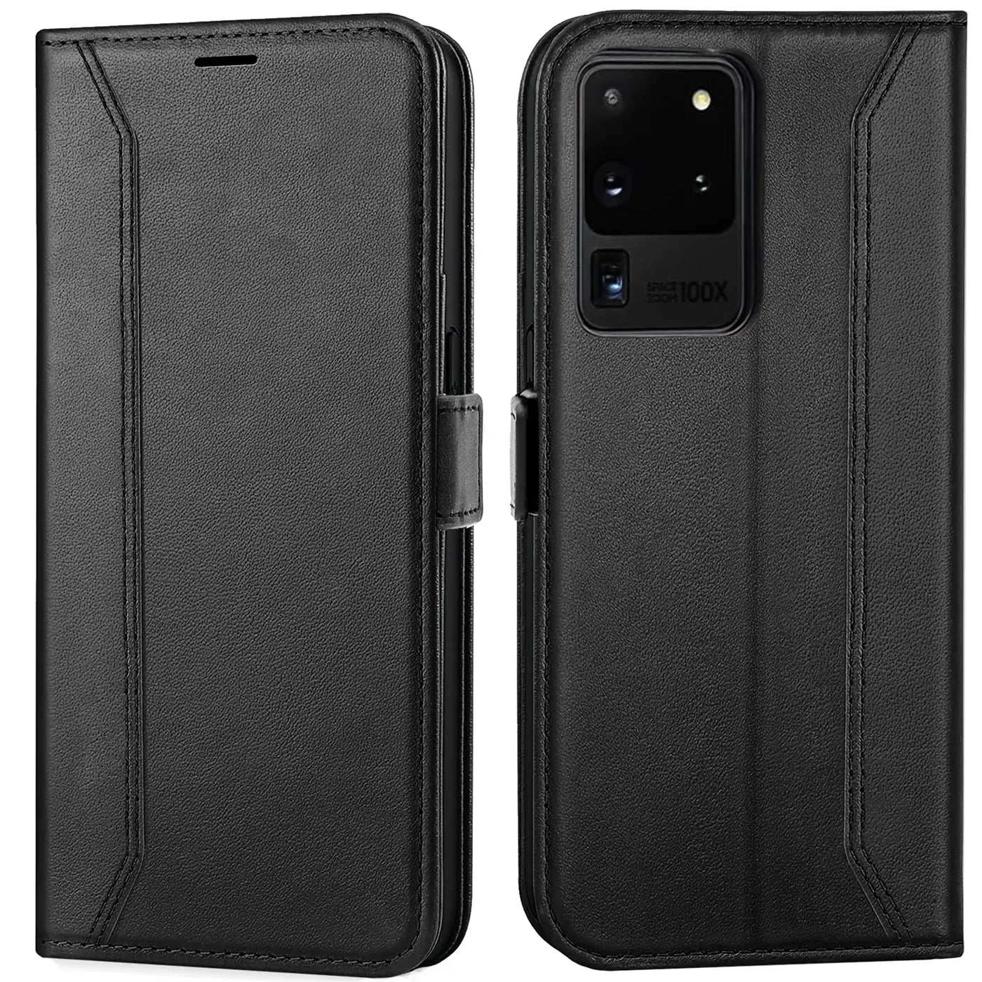 Schwarze Leder-Klapphülle mit RFID-Schutz, zeigt Samsung Galaxy S20 Ultra.