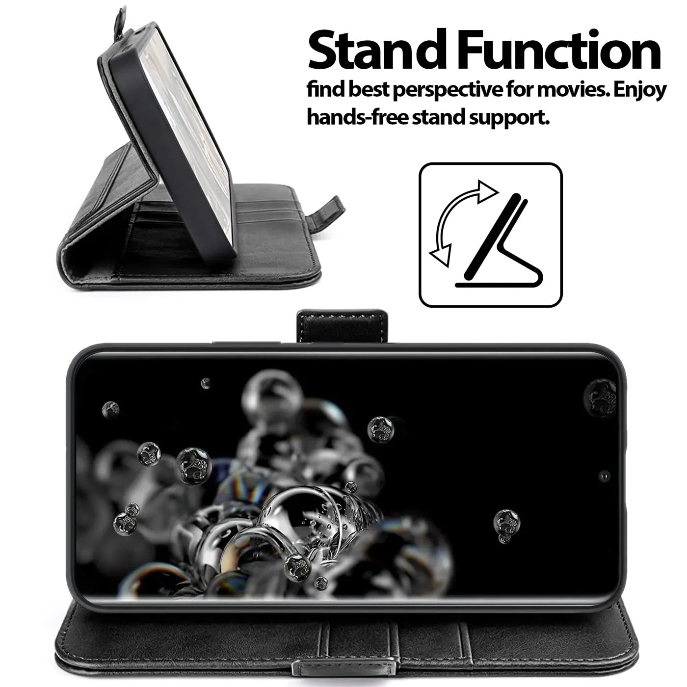 Schwarze Leder-Klapphülle mit Ständerfunktion für Samsung S20 Ultra, von vorne und Seite