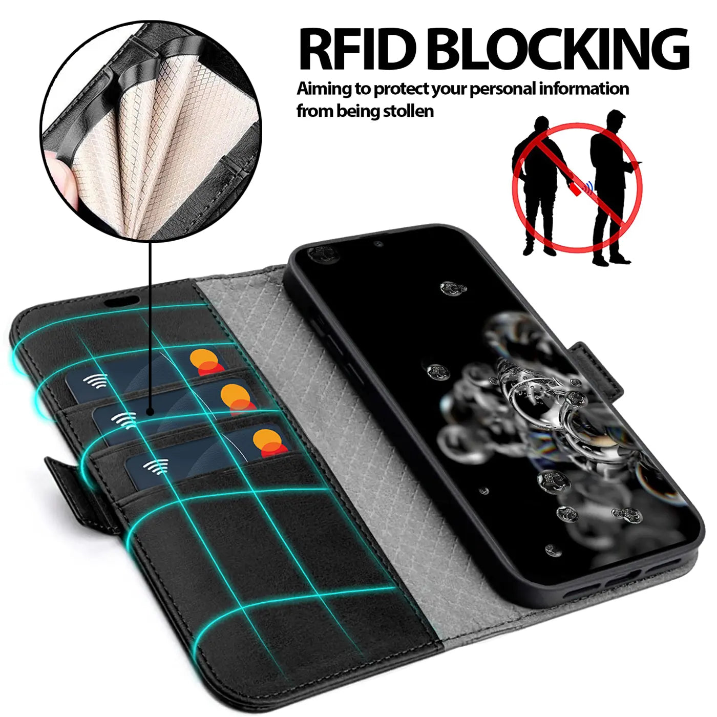 Schwarze Leder-Klapphülle mit Kartenfächern und Samsung S20 Ultra, von oben schräg.