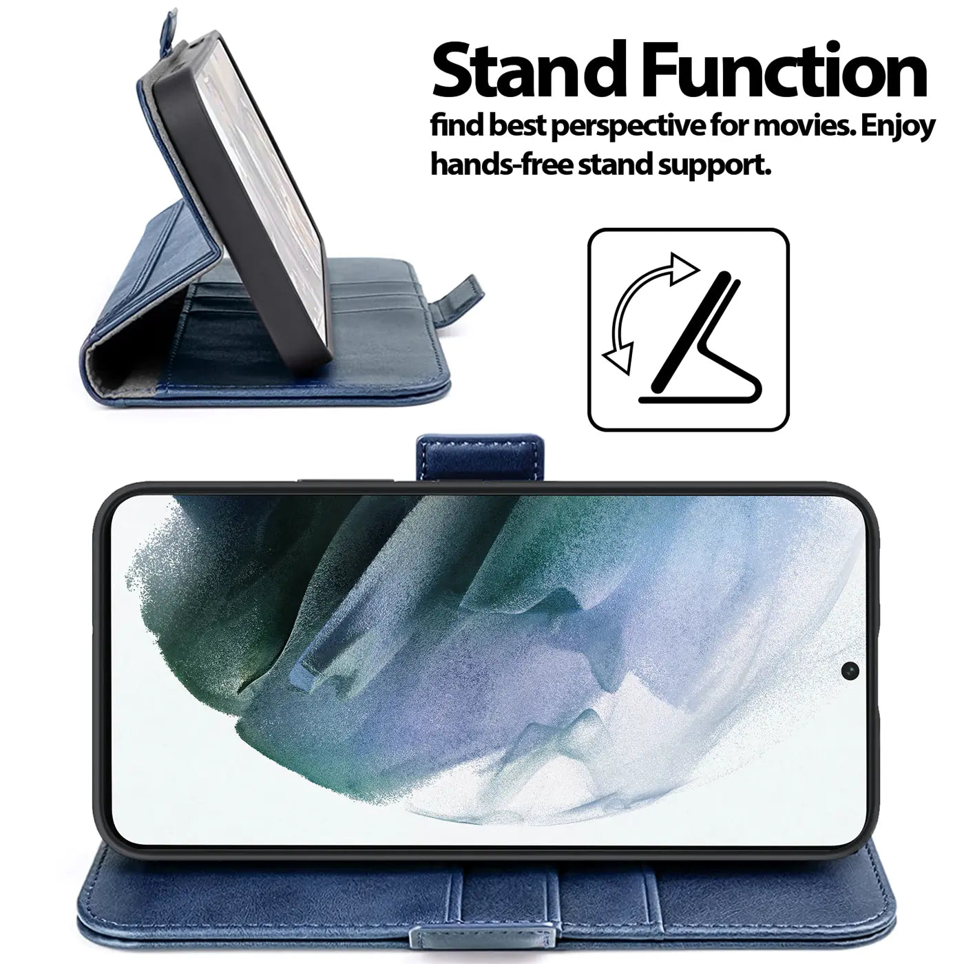 Blaue Kunstlederhülle mit Standfunktion für Samsung Galaxy S21, von vorne und seitlich