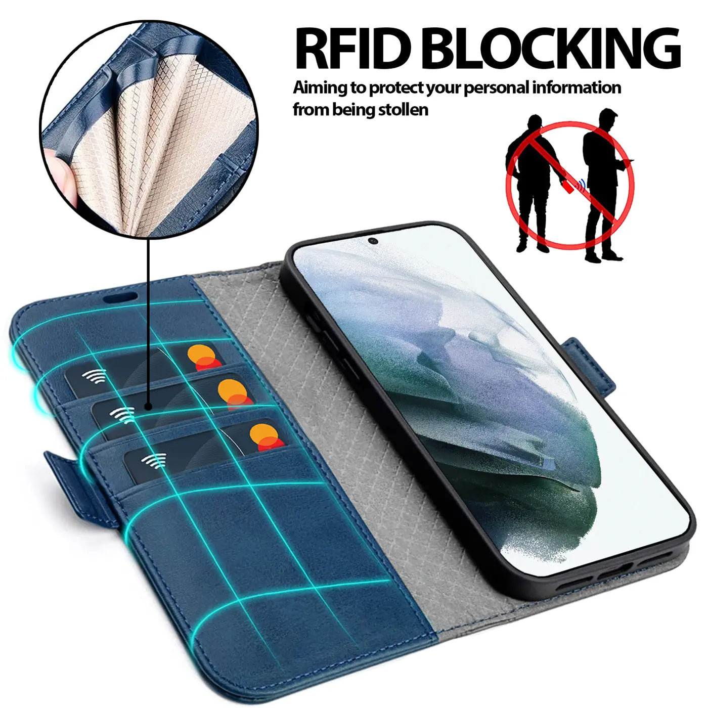 Blaue Leder-Klapphülle mit Kartenfächern für Samsung Galaxy S21, von oben.