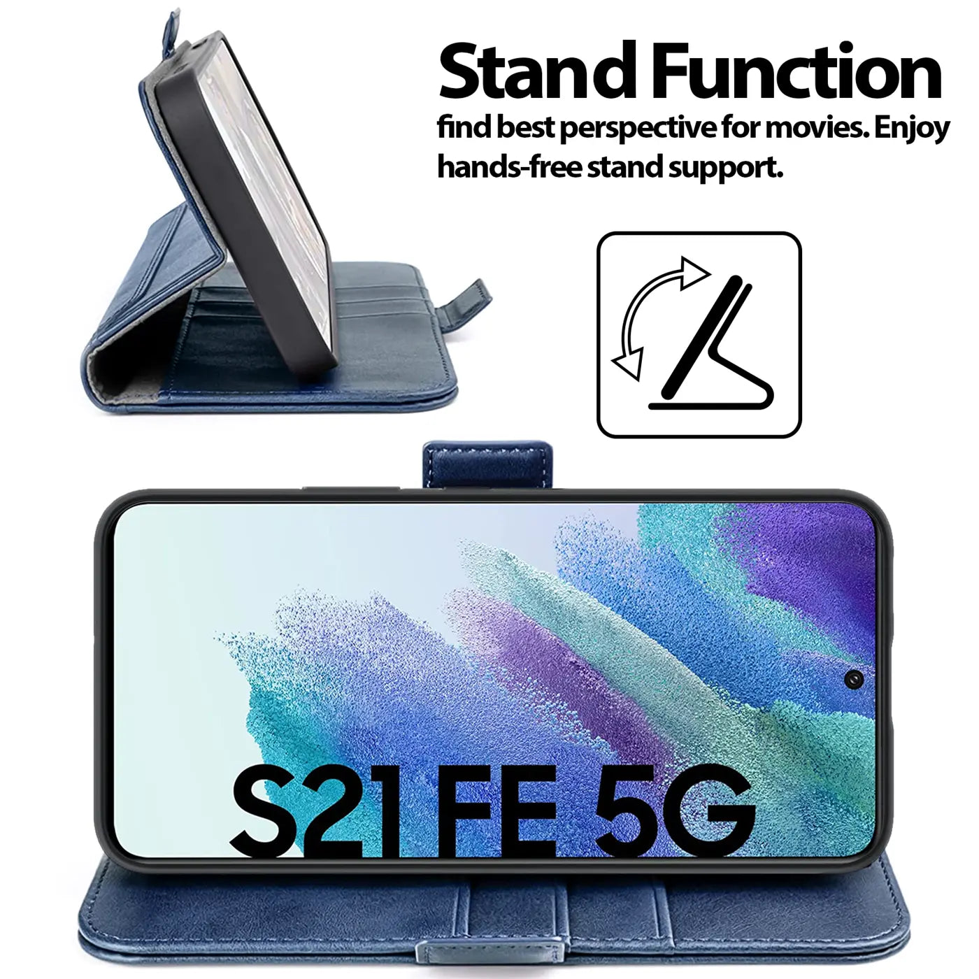Blaue Lederhülle mit Ständerfunktion für Samsung S21 FE 5G, von vorne und seitlich gezeigt.