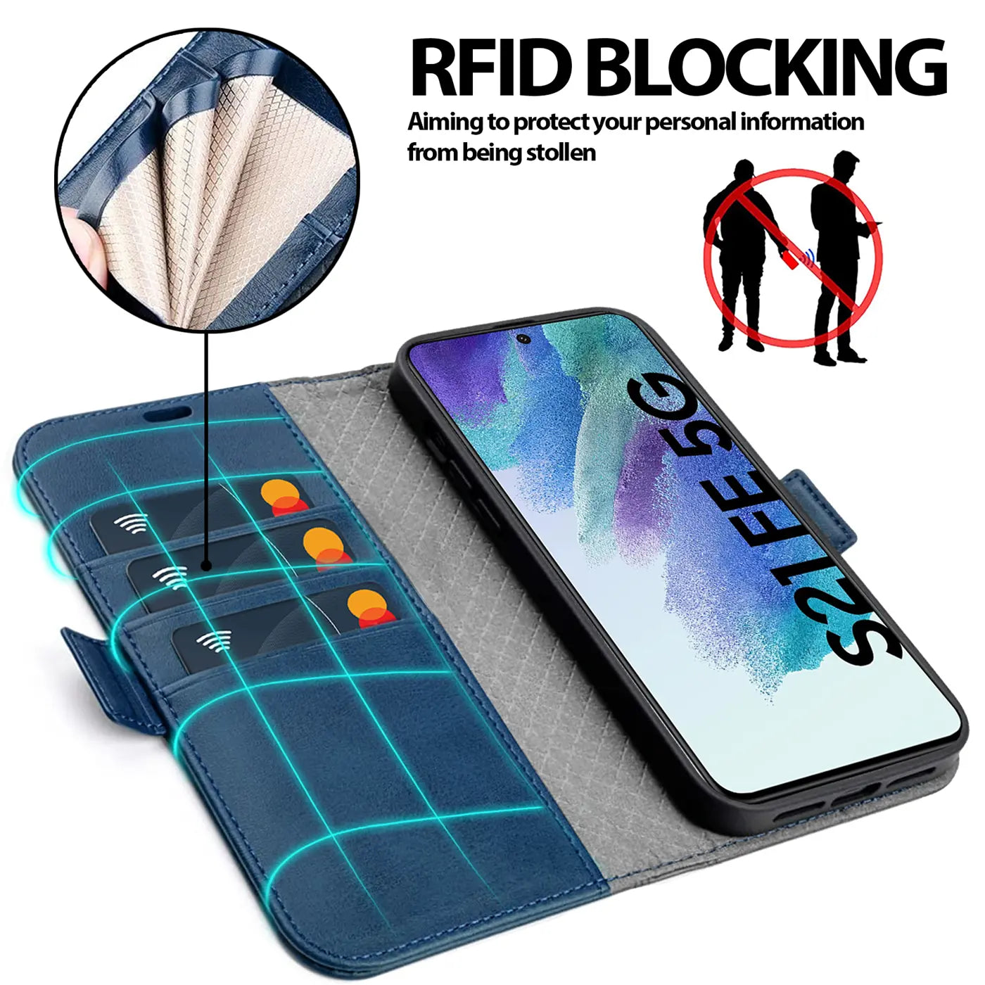 Blaue Kunstleder-Klapphülle mit Kartenfächern und Samsung S21 FE.