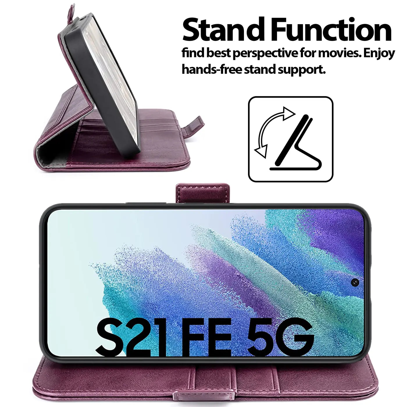 Dunkelrote Leder-Klapphülle mit Samsung Galaxy S21 FE im Querformat, Seitenansicht.