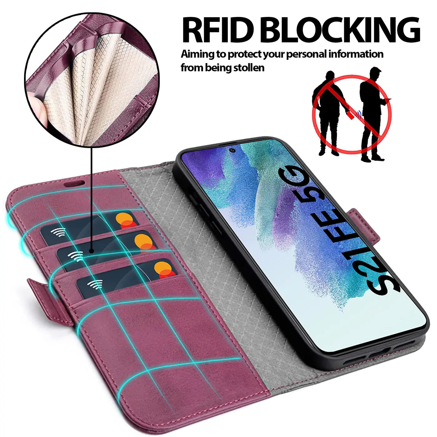 Lila Klapphülle aus Leder mit Kartenfächern und Samsung S21 FE 5G, von oben gesehen.
