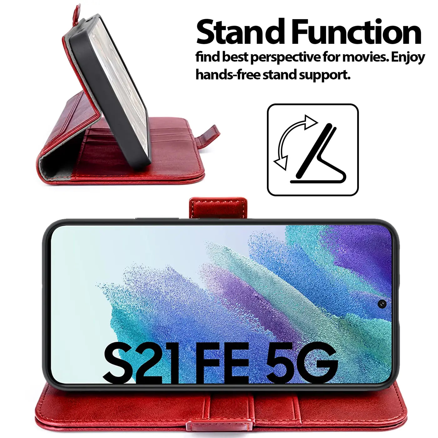 Rote Leder-Klapphülle mit Ständerfunktion für Samsung Galaxy S21 FE 5G.
