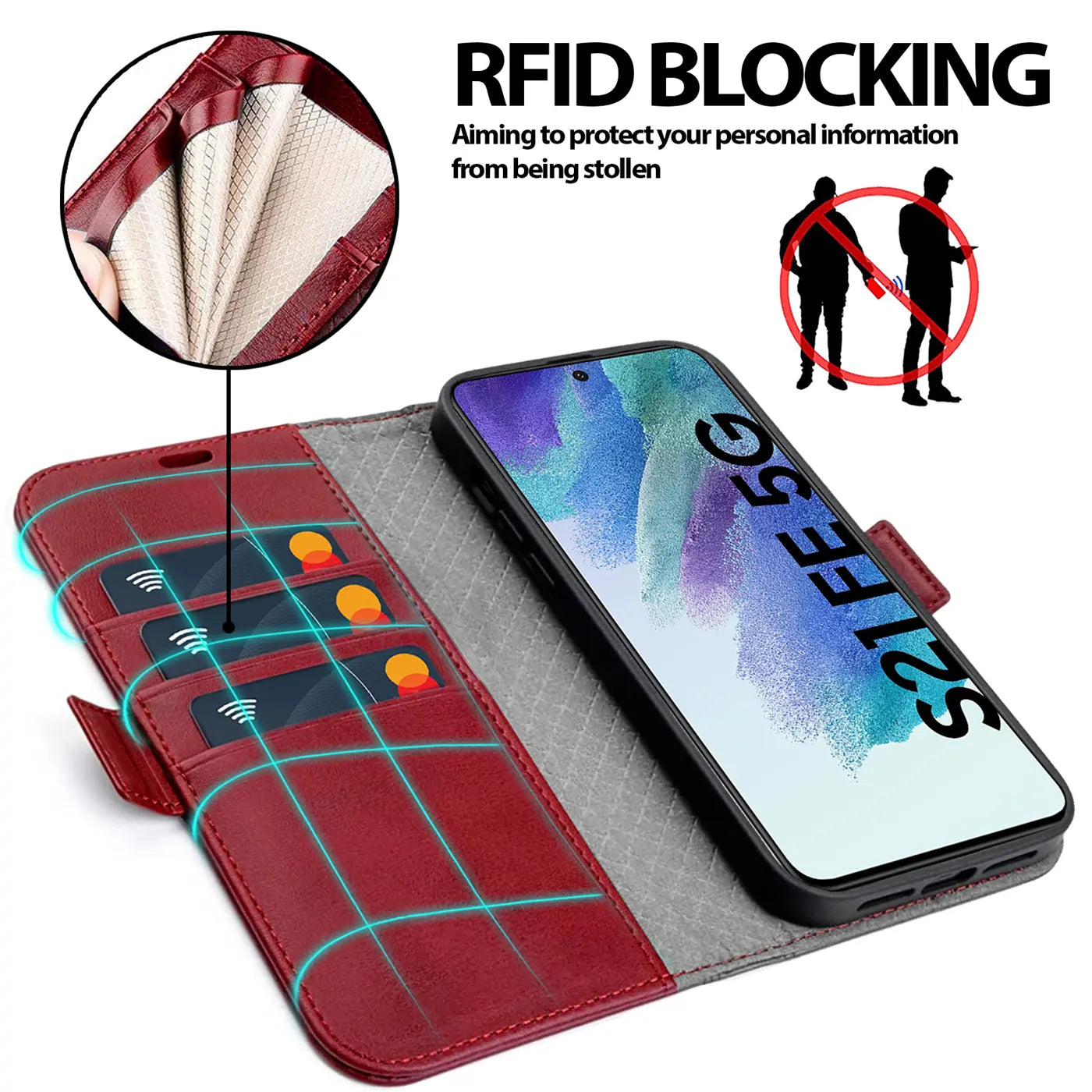Rote Leder-Klapphülle mit Kartenfächern und Samsung S21 FE, von oben.