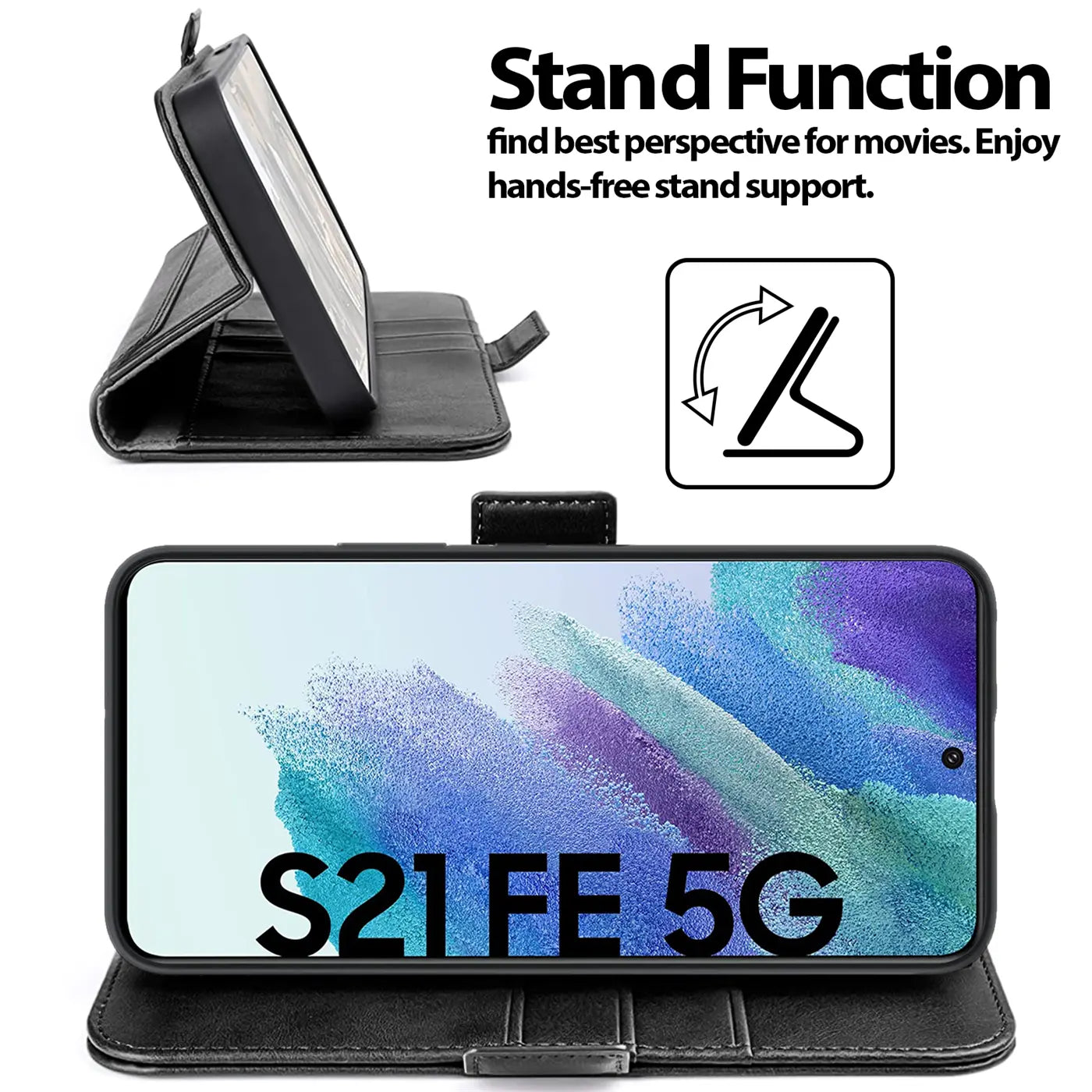 Schwarze Leder-Klapphülle für Samsung Galaxy S21 FE im Querformat, aufgestellt