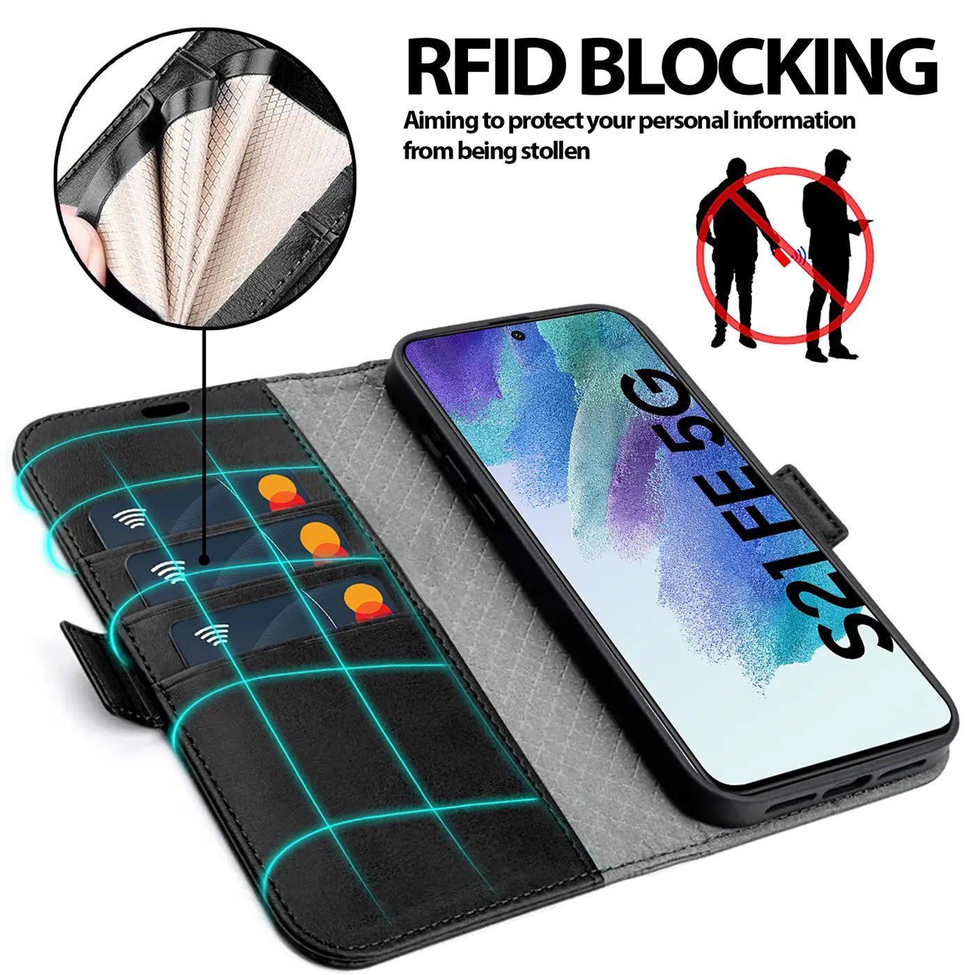 Schwarze Klapphülle aus Leder mit Kartenfächern für Samsung S21 FE, von oben.