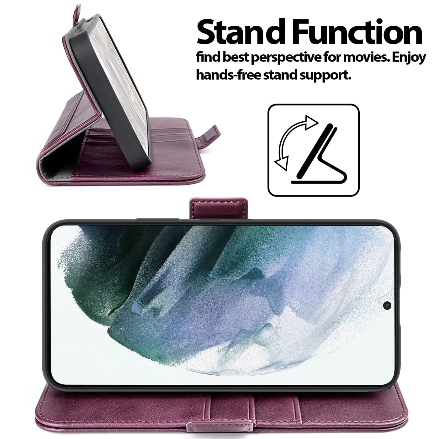 Dunkelrote Leder-Klapphülle mit Samsung Galaxy S21 im Standmodus, Seitenansicht.