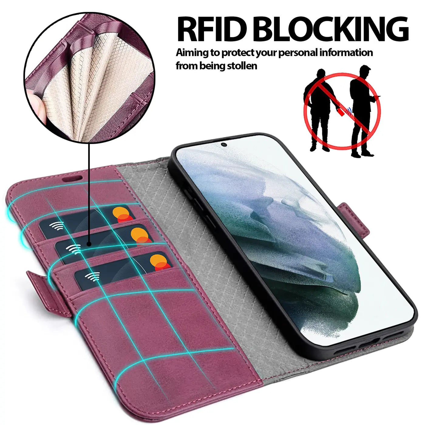 Bordeauxrote Leder-Klapphülle mit Kartenfächern, Samsung S21, von vorne/oben