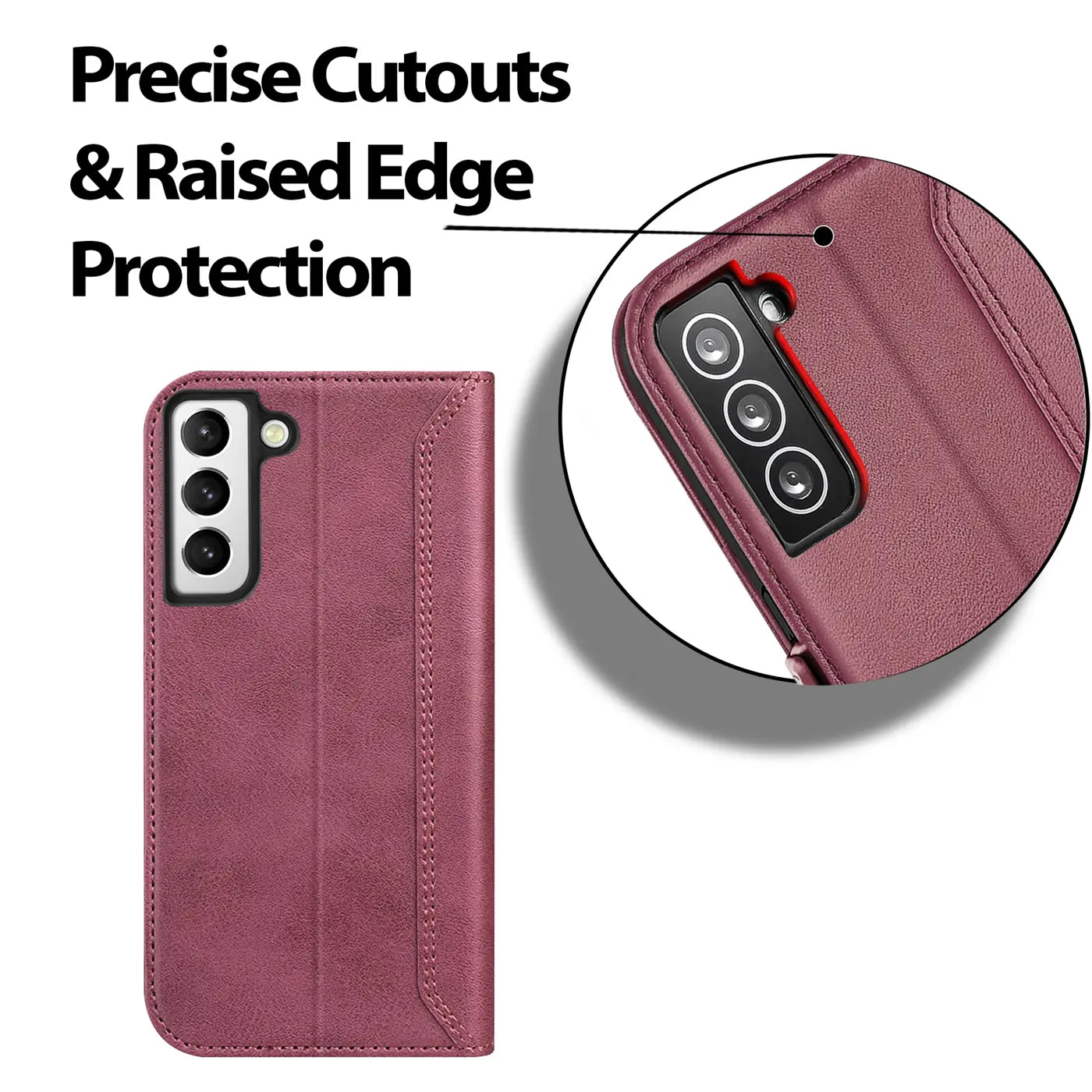 Bordeauxrote Leder-Klapphülle für Samsung Galaxy S21, Nahaufnahme der Kamera.
