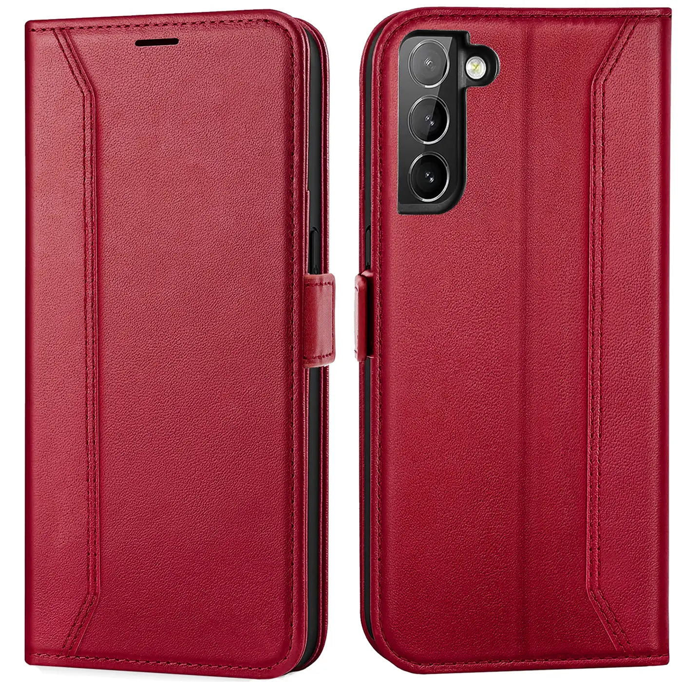 Rote Leder-Klapphülle mit RFID-Schutz, zeigt Rückseite eines Samsung Galaxy S21.
