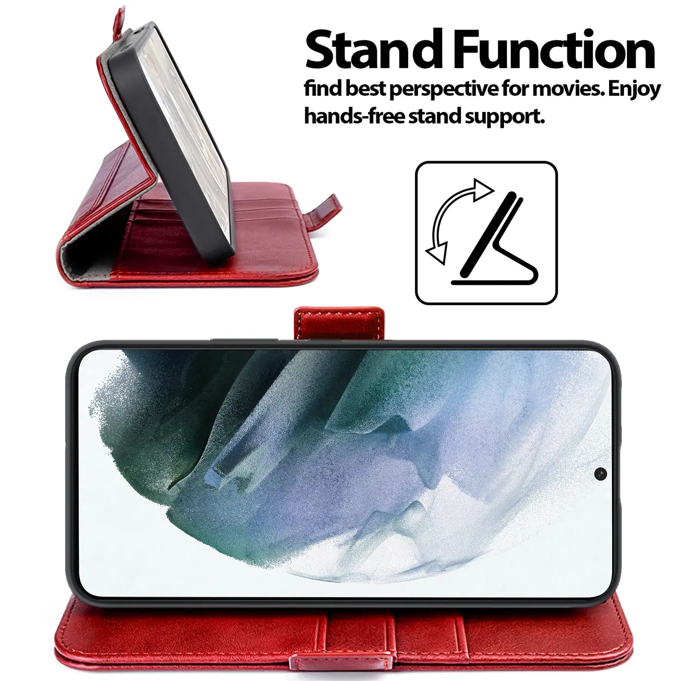 Rote Leder-Klapphülle mit Samsung S21 im Querformat, Seitenansicht.