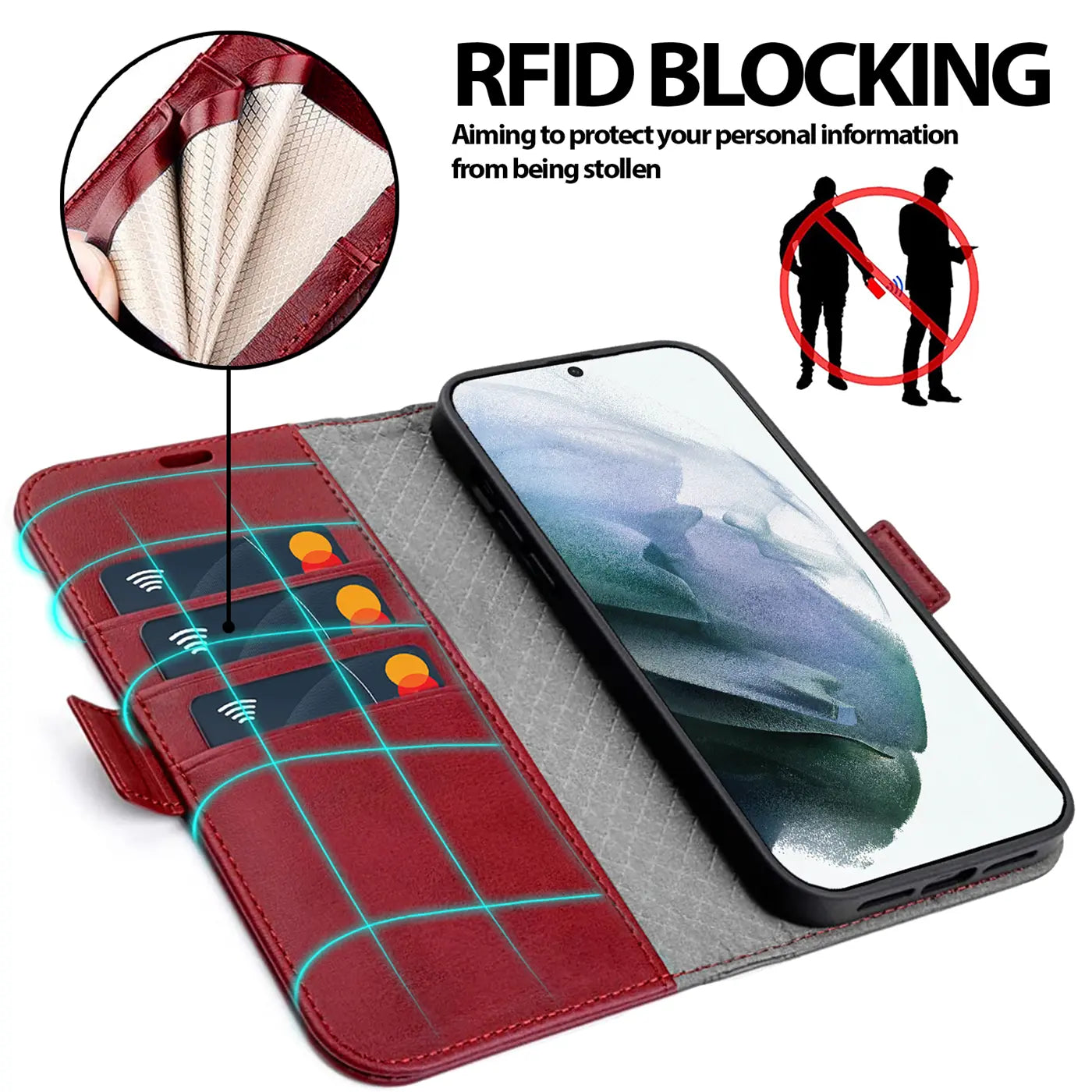 Rote Leder-Klapphülle mit Kartenfächern und Samsung Galaxy S21, von oben links
