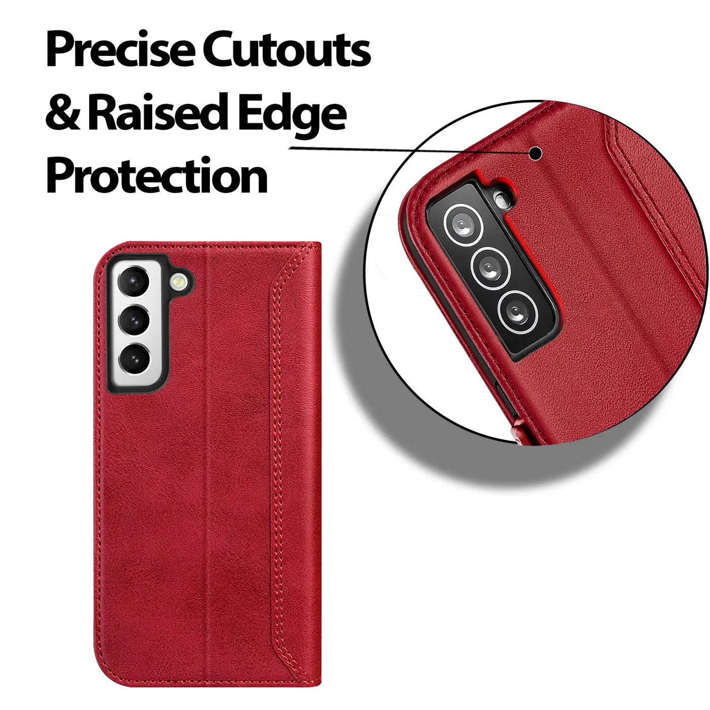 Rote Leder-Klapphülle für Samsung Galaxy S21, Vorder- und Nahaufnahme der Kamera.