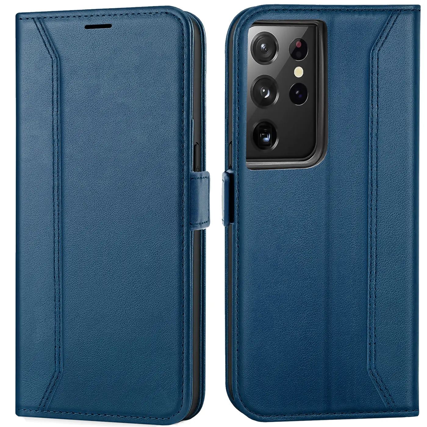 Blaue Leder-Klapphülle mit RFID-Schutz für Samsung Galaxy S21 Ultra, Vorder- und Rückansicht