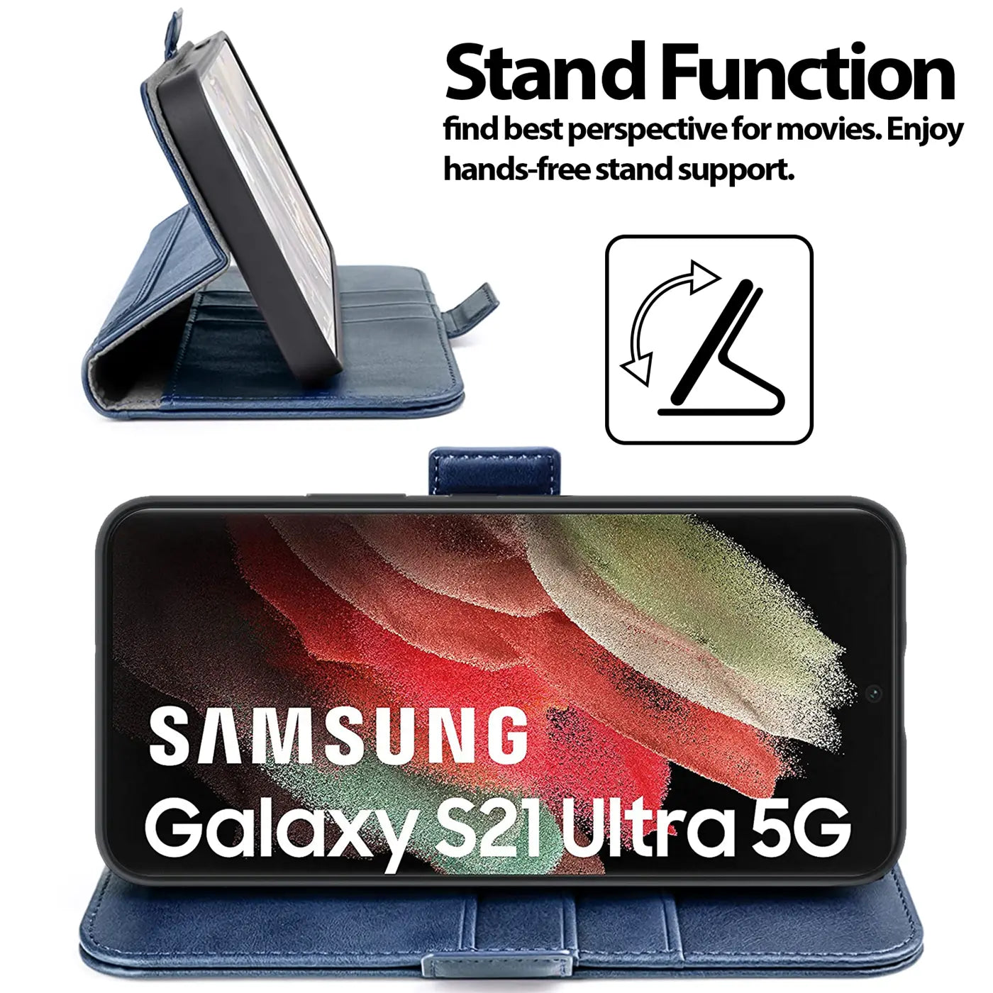 Blaue Kunstlederhülle mit Ständerfunktion für Samsung Galaxy S21 Ultra, Seitenansicht.