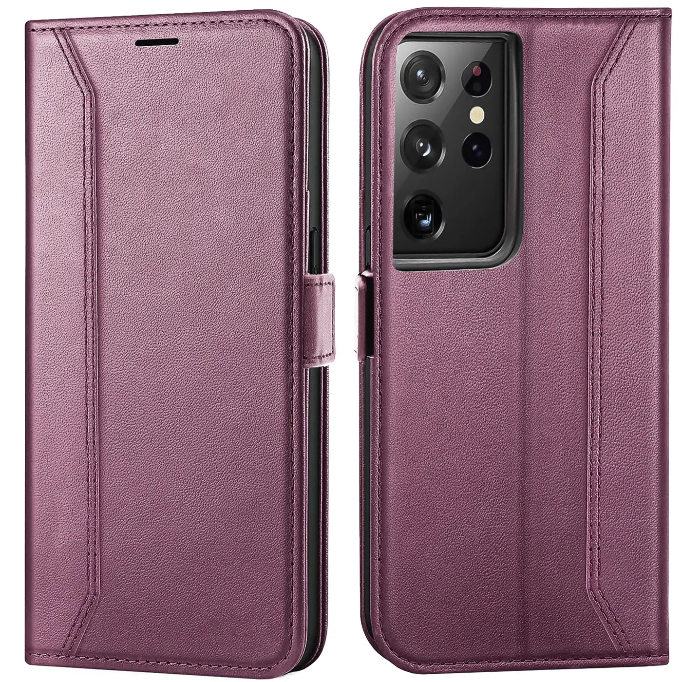 Lila Leder-Klapphülle mit offenem Samsung Galaxy S21 Ultra, Vorder- und Rückansicht.