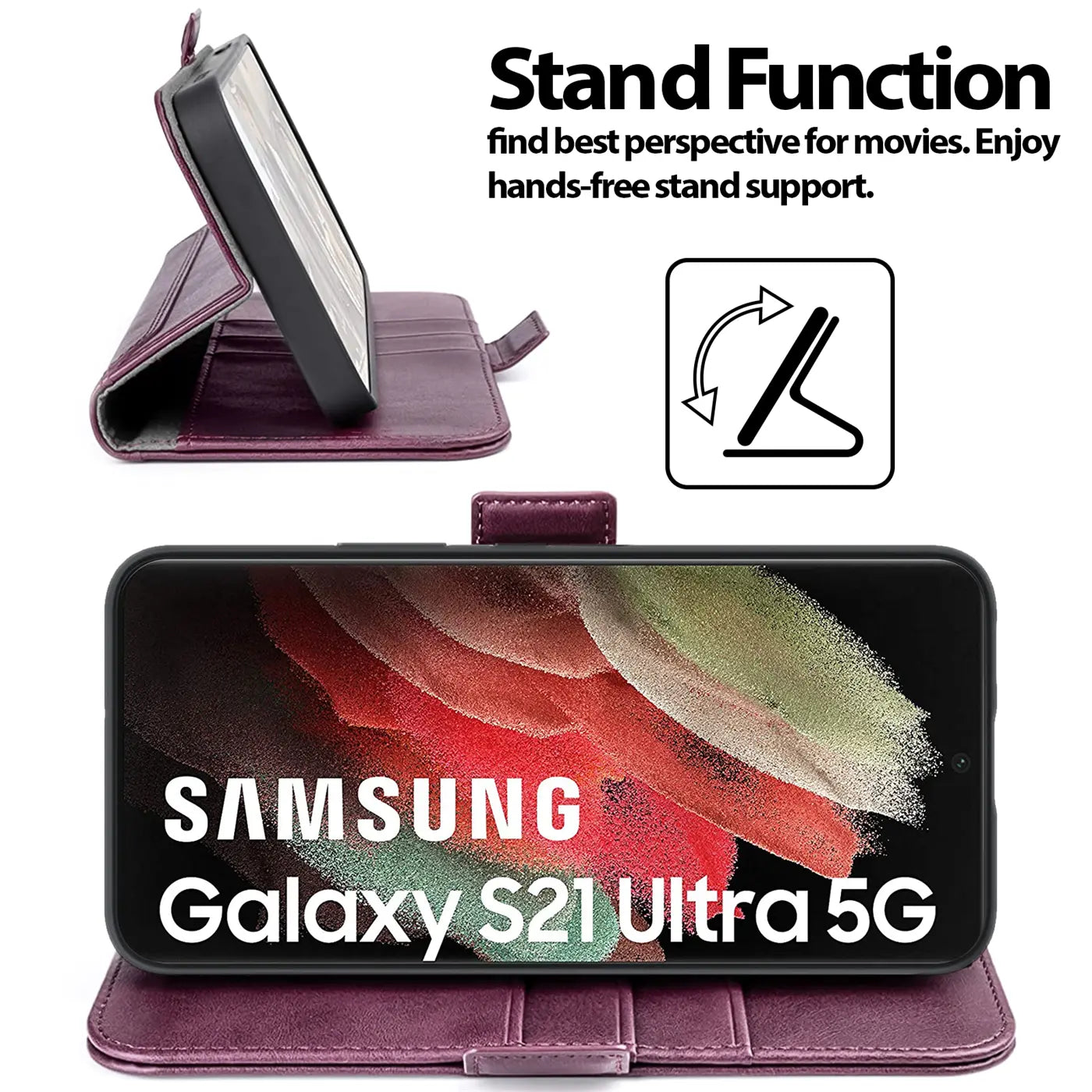 Lila Kunstleder-Klapphülle mit Standfunktion für Samsung Galaxy S21 Ultra.