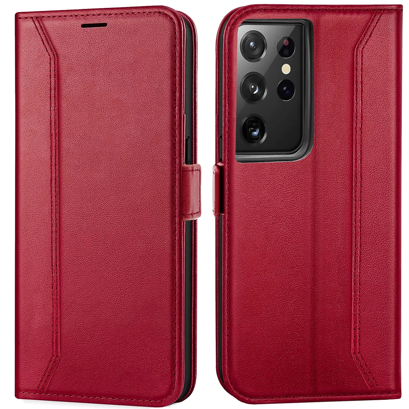 Rote Leder-Klapphülle mit RFID-Schutz für Samsung Galaxy S21 Ultra, Vorder- und Rückansicht