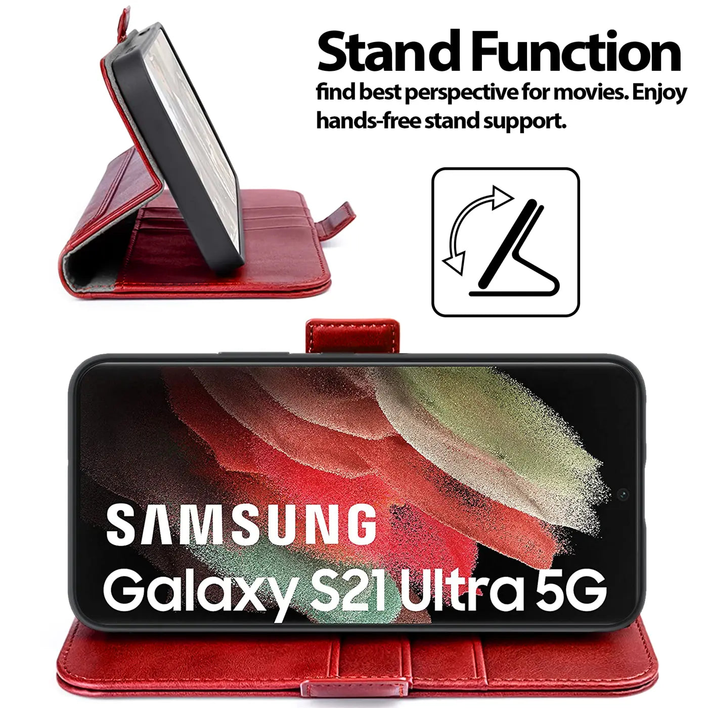 Rote Leder-Klapphülle mit Samsung Galaxy S21 Ultra, Seitenansicht, aufgestellt.