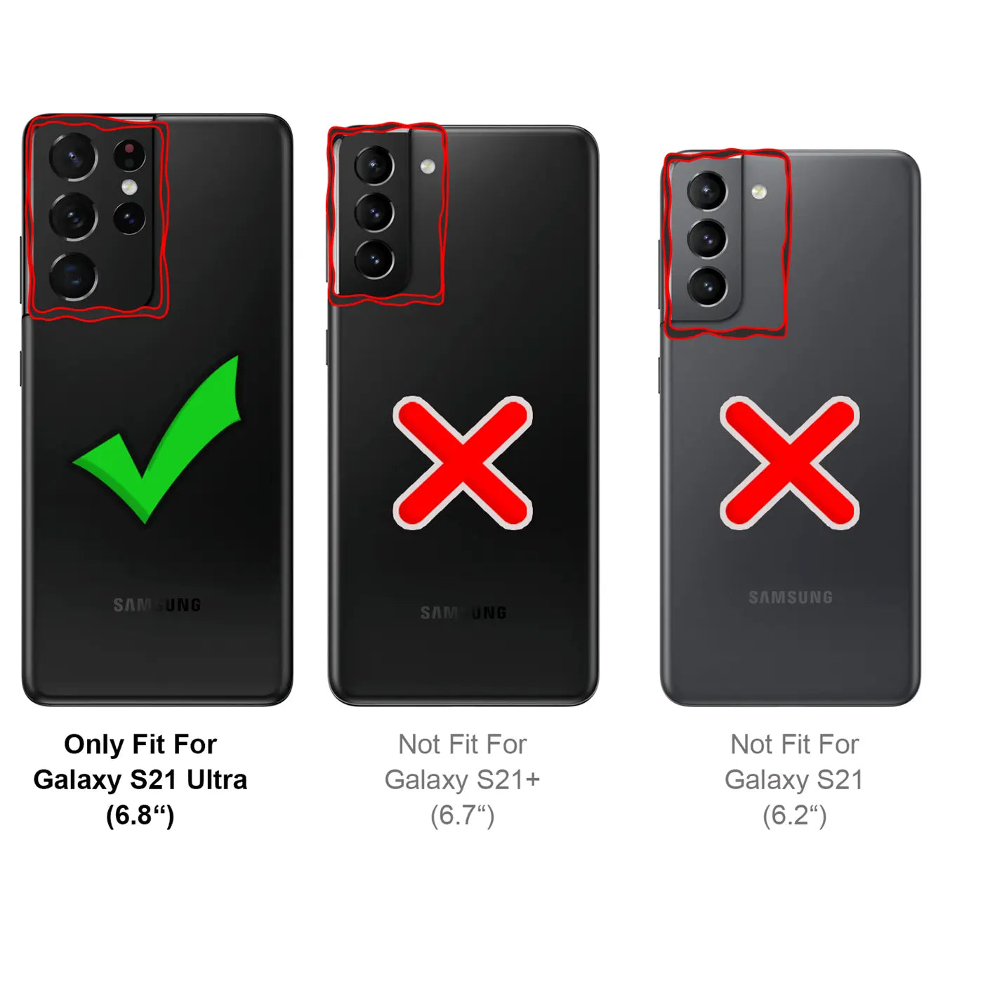 Drei schwarze Samsung Handys, Rückansicht. Links S21 Ultra mit Haken, Mitte/Rechts S21+/S21 mit Kreuz.