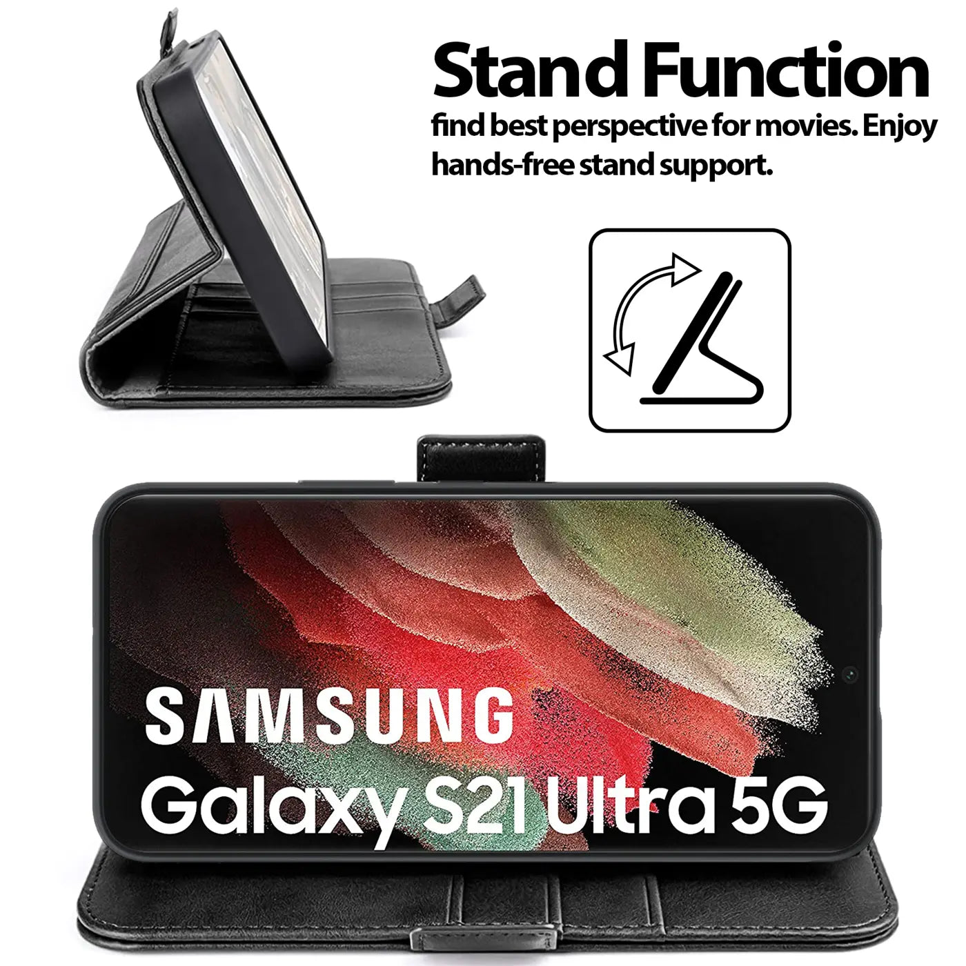 Schwarze Lederklapphülle mit integriertem Ständer für Samsung Galaxy S21 Ultra 5G.