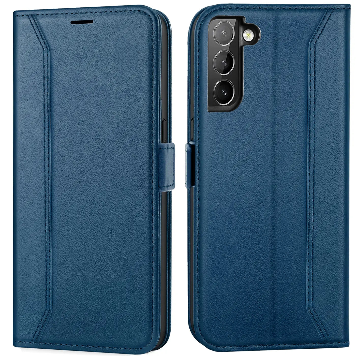Blaue Leder-Klapphülle mit RFID-Schutz für Samsung Galaxy S22, Vorder- und Rückansicht.