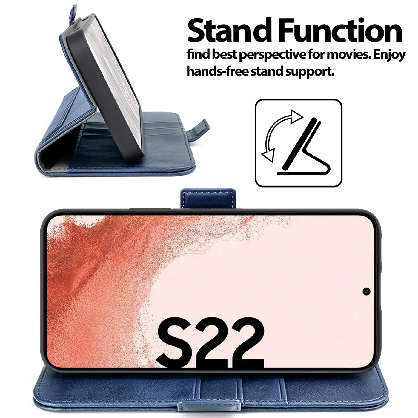 Blaue Leder-Klapphülle mit Standfunktion für Samsung Galaxy S22, von vorne und Seite